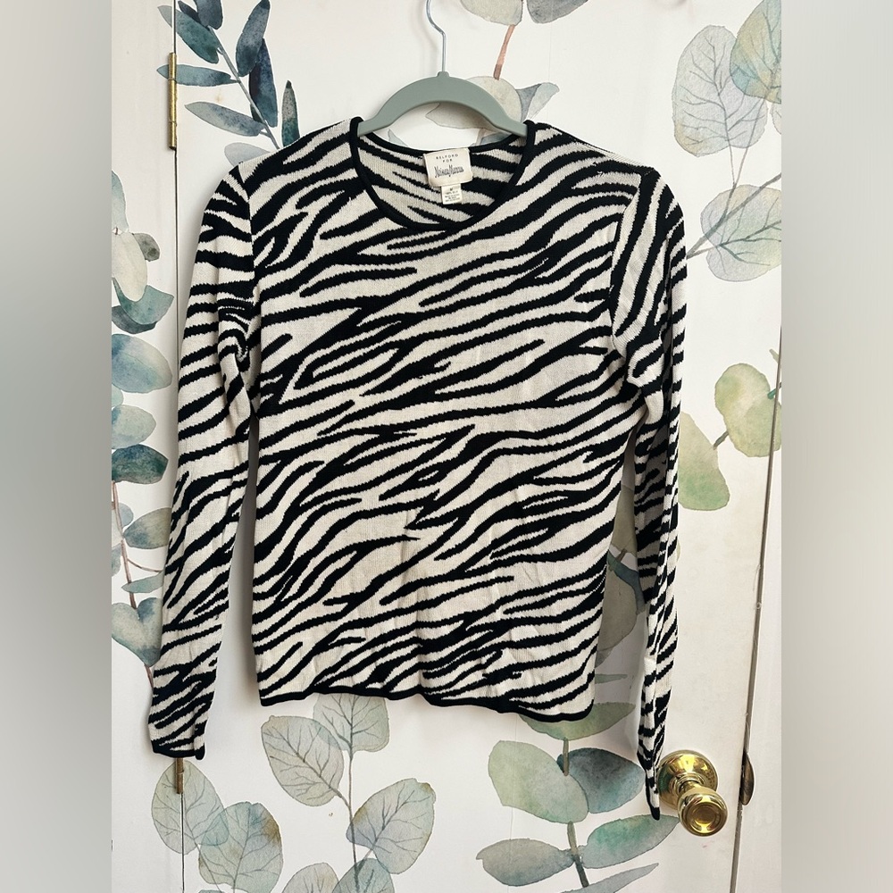 Zebra silk knit sweater Bedford for Nieman Marcus, black white, sz M